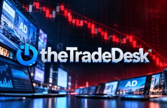 theTradeDesk logo displayed in a high-tech trading room with multiple screens and a red stock chart backdrop