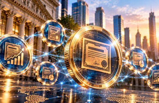 Gold coins with certificates orbit a city skyline, connected by glowing digital lines to symbolize blockchain and digital finance.