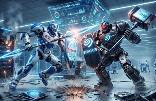 Two armored robots clash in a high-tech data center; glowing weapons clash and server racks surround them, with Toshiba and Seagate logos on their shields/armor.