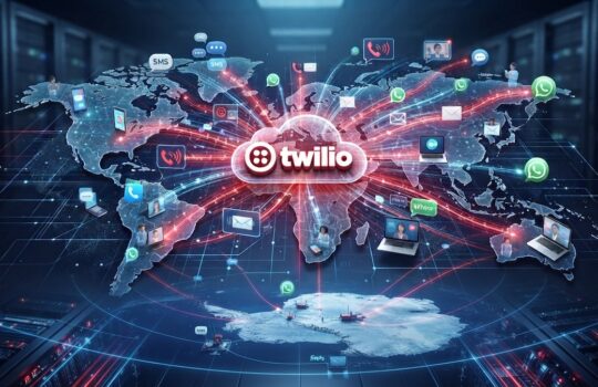 Twilio cloud at the center of a world map, with red light beams and icons showing global messaging and connections.