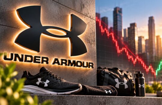 Under Armour storefront display with running shoes, bag, and water bottle against a city skyline and stock chart background.