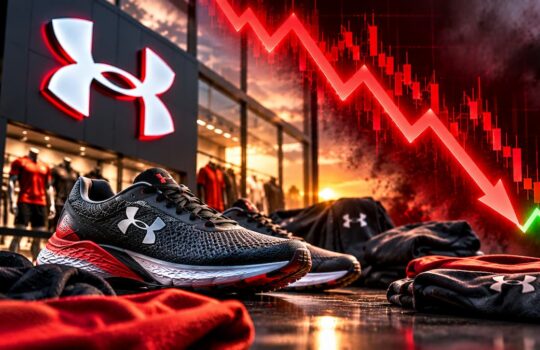 Under Armour running shoes on display outside a store with a rising green arrow and a red stock market decline graph in the background, conveying market pressure in sportswear.