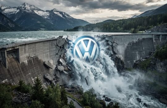 Volkswagen logo breaking through a shattered dam as water cascades down a mountainous valley