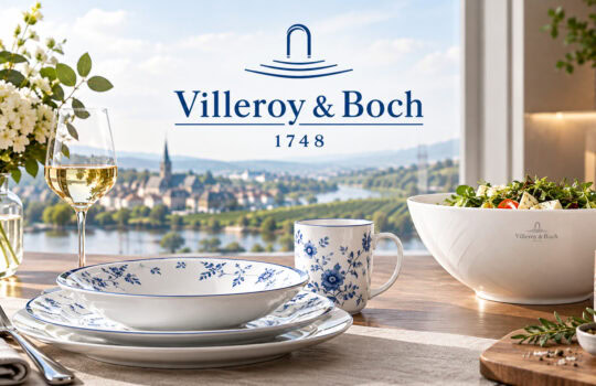 Elegant table setting with blue floral china, wine glass, and a large white salad bowl on a sunny terrace; window shows the Villeroy & Boch logo with a scenic river town in the background.