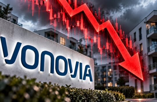 Sign displaying the company name with a large red downward arrow and stock chart motifs, over modern apartment buildings in the background.