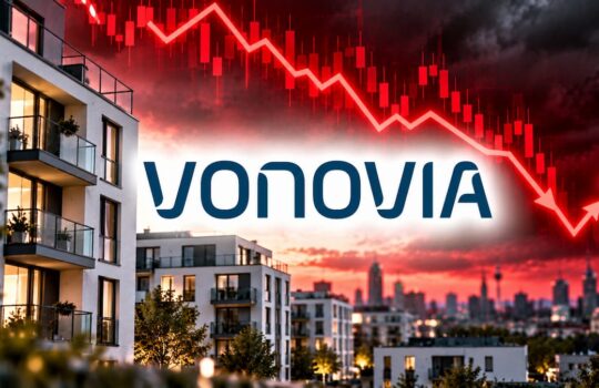 YONOVIA logo over a modern apartment skyline with a red downward stock chart and a question mark, suggesting a market downturn.