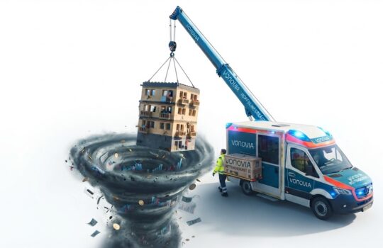Blue Vonovia crane lifts a three-story building out of a swirling whirlpool of debris and money beside a Vonovia service van.