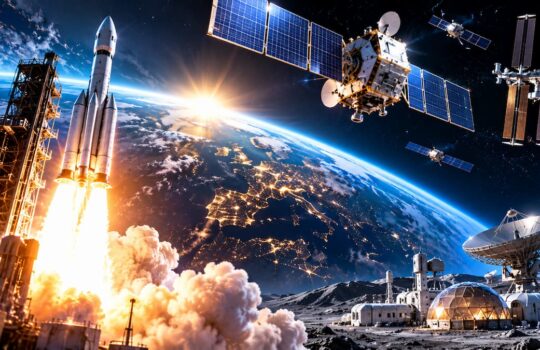 Rocket launches from a lunar spaceport with Earth rising in the background and satellites orbiting nearby.