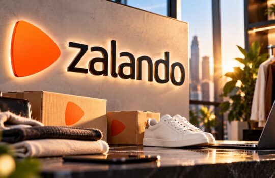 Zalando storefront sign with orange logo, cardboard boxes, white sneakers, and a laptop on a table in a sunlit urban shop setting.