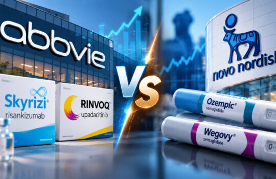 Pharmaceutical brands on a city background with a Vs split: AbbVie vs Novo Nordisk, plus Skyrizi, Rinvoq, Ozempic and Wegovy products.