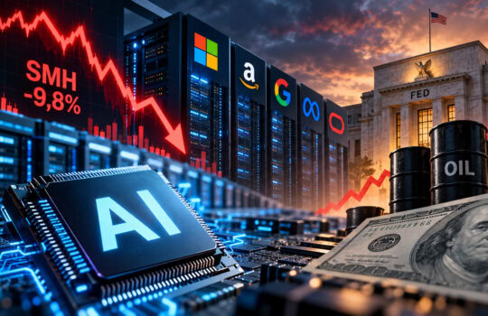 AI processor in a server lab with a falling stock chart and prominent tech logos (Microsoft, Amazon, Google, Meta); oil barrels and a dollar bill nearby as sunset hues rise behind a FED building in the background.