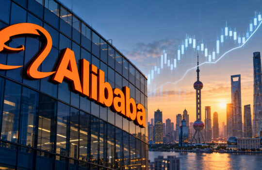 Alibaba headquarters sign on a glass-fronted building with the Shanghai skyline at sunset and an upward-trending stock chart overlay