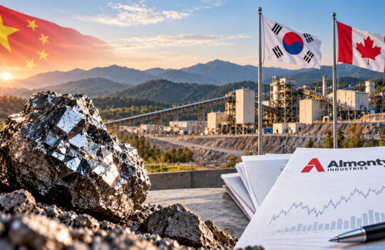 Industrial mining site at sunset with a large rock in the foreground, Almonty Industries documents, and flags of China, South Korea, and Canada.