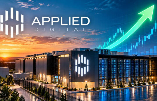 Applied Digital headquarters at sunset with a rising stock chart arrow across the sky.