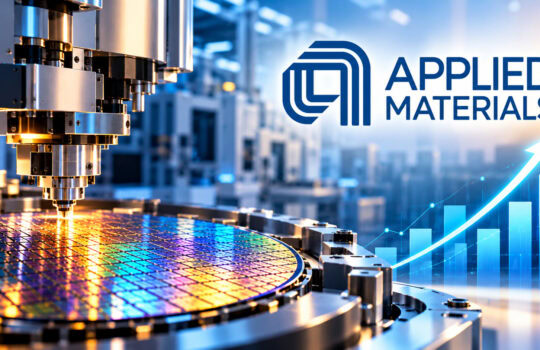 Semiconductor manufacturing process with a chip wafer and precision machinery, alongside the Applied Materials logo and a rising growth chart suggesting industry progress