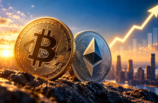 Bitcoin and Ethereum coins on rocks with a glowing upward arrow and city skyline at sunset, signaling crypto market growth in value and momentum.