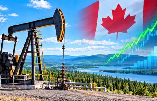 Oil pumpjack in a rural landscape with a Canadian flag overlay and a rising stock chart.