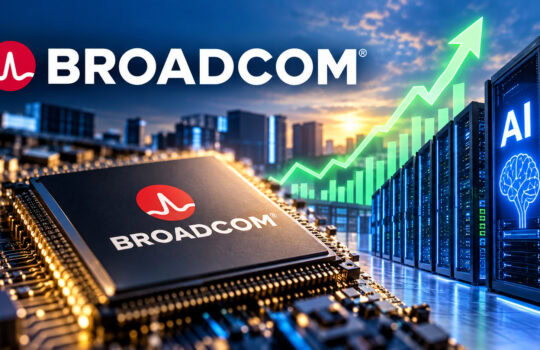Broadcom branding on a silicon chip with AI server racks and a rising green growth line in the background.