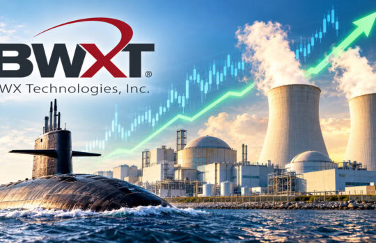 BWXT Technologies logo over a nuclear power plant with a green upward growth arrow in the sky.