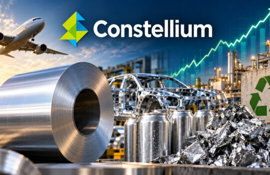 Constellium branding over an industrial yard with steel coil, a car chassis, aluminum cans, foil scraps, a recycling symbol, and a rising growth chart in the background receiving a sunrise glow.