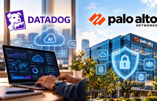 Hybrid cloud security: Datadog and Palo Alto Networks logos with a person using a laptop and cloud/Ai icons on glass-fronted office building background
