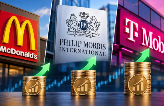 Brand logos (McDonald's, Philip Morris International, and T-Mobile) with stacked coins and green upward arrows signaling growth in multiple sectors.