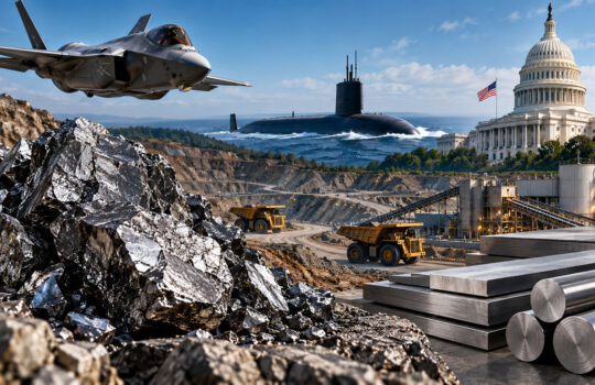 Fighter jet flying over a rocky quarry with a submarine offshore and the U.S. Capitol in the background.