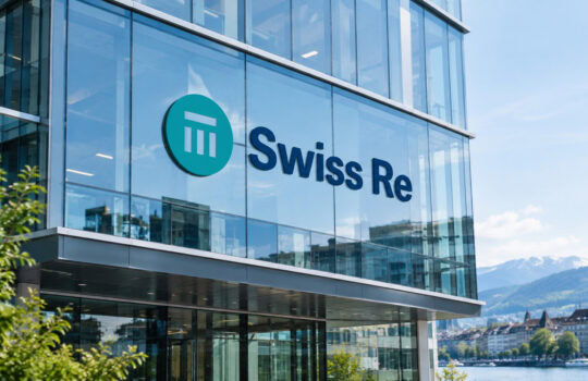 Glass-front Swiss Re office building with teal circular logo and blue lettering, overlooking a river and mountains in the background