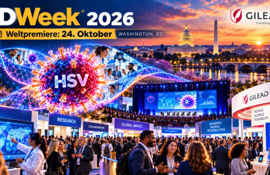 IDWeek 2026 banner with Washington DC skyline and GILEAD logo over a hub of scientific exhibits and HSV imagery