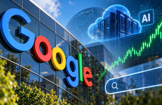 Google logo on a glass building with AI cloud servers and a rising stock chart overlay.