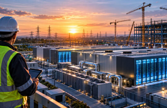 Construction worker in a hard hat and neon vest overlooking a large industrial site at sunset with cranes and a steel-framed building under construction.