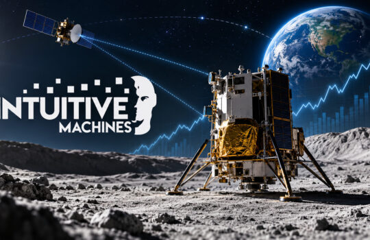 Moon surface with a lunar lander, Earth in the background, and Intuitive Machines logo with a rising data graph in the backdrop.
