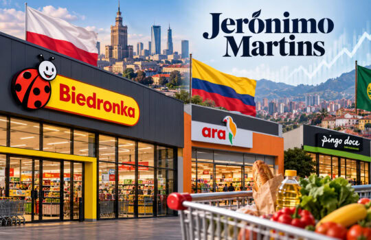 Exterior view of a shopping plaza with Biedronka store sign and other storefronts, Polish, Colombian, and Portuguese flags waving, a grocery cart in the foreground, and a city skyline in the background under a Jerónimo Martins banner.