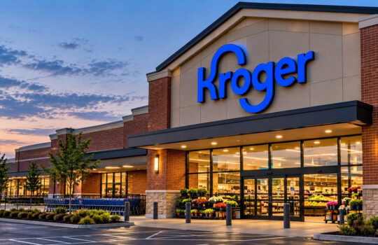 Kroger supermarket exterior at dusk with a bright blue Kroger sign and illuminated entrance.