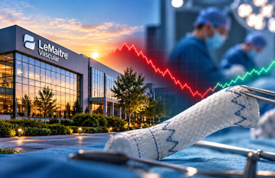 Exterior of LeMaitre Vascular building at sunset with stock market lines overlay and a surgical scene in the background, conveying biotech finance context.