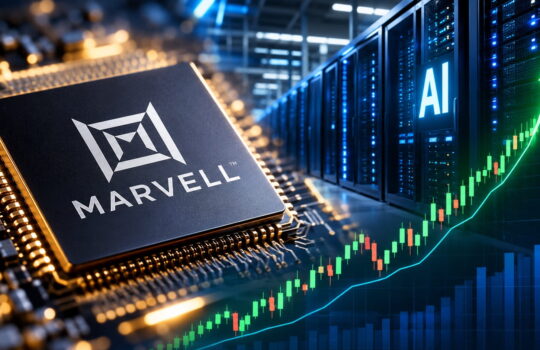 Marvell logo on a processor in a data center with AI servers and a rising chart, illustrating AI hardware growth.