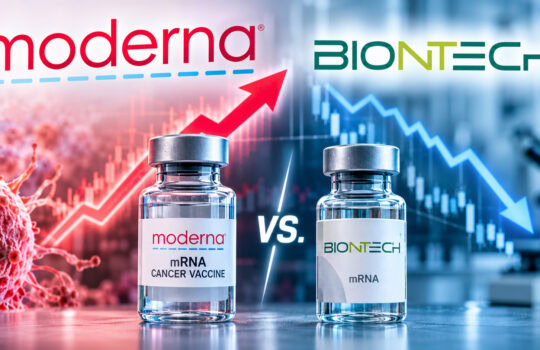 Two mRNA vaccine vials labeled Moderna and BioNTech face off on a lab bench, with a rising red arrow and a falling blue chart in the background.