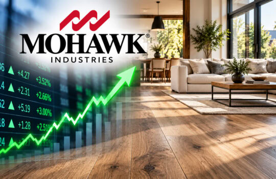 Mohawk Industries logo overlaid on a stock chart with a bright green rising arrow in a modern living room.