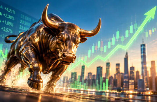 Bronze charging bull statue with a neon green upward stock-trend line and city skyline behind it.