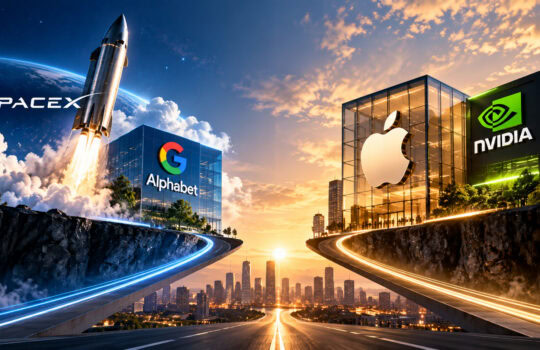 SpaceX rocket launches upward beside futuristic office buildings displaying Google/Alphabet, Apple, and Nvidia logos at sunset.