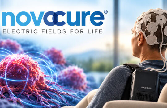 Person seated wearing a headcap connected to a NovoCure device, with glowing cancer-cell graphics in the foreground.