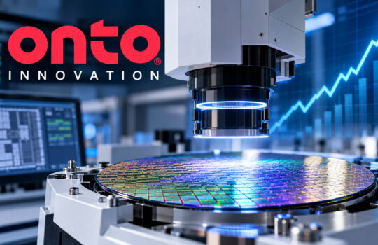Onto Innovation logo above a precision semiconductor lithography machine inspecting a colorful silicon wafer in a high-tech lab.