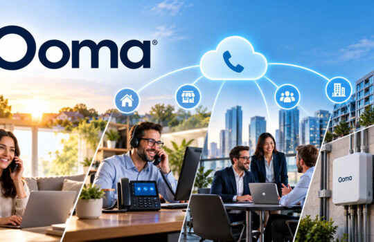 Ooma cloud communications graphic with a glowing cloud and connected icons above people using phones and laptops in a bright office environment.