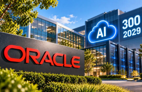 Oracle logo in red on a dark foreground wall with a glass office campus and a glowing blue AI cloud sign in the background.