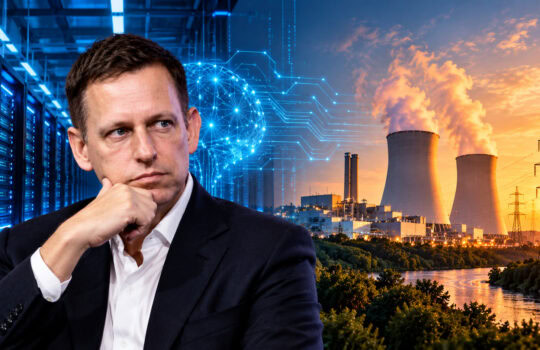Thoughtful businessman in a suit beside a data center, with a power plant at sunset in the background.