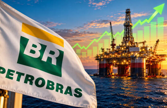 Petrobras flag waving beside an offshore oil rig at sunset with a rising green chart overlay in the sky. (informative)