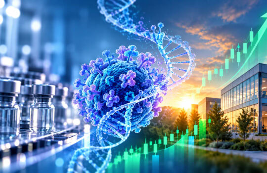 Laboratory vials with a blue DNA helix and virus model overlaid by a rising green stock chart and glass office building in sunset light, symbolizing biotech growth.
