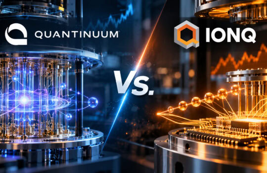 Split-screen graphic showing quantum hardware on blue left and orange right, with 'VS' in the middle and Quantumium and IONQ logos, indicating a comparison between quantum computers.