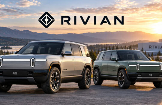 Two Rivian electric SUVs, the R2 and R3, parked outdoors at sunset with a Rivian logo in the sky.