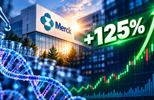 Merck headquarters with a green +125% growth arrow and stock chart overlay, plus a DNA double helix in the foreground.